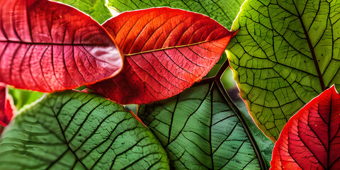 red and green leaf macro photography of beautifull leaves colored translucent, neon, transparent, closeup