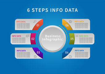 Wall Mural - 6 steps infographic Successfully finding business management information with a circle in the middle Icons and numbers on a blue gradient background.