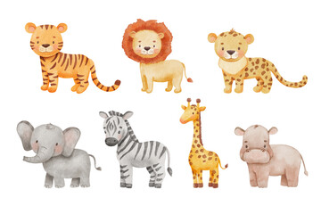 cute giraffe, tiger and elephant in cartoon style. watercolor drawing african baby wild animal isola
