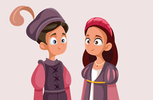 Teenagers Wearing Romeo And Juliet Costumes Vector Cartoon Illustration. Cute Teenage Love Portrayed In A Theatrical Way
