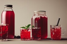 Homemade Red Berry Juice, Shrub Or Syrup In Small Glass Bottles With Paper Straws On White Background. Generative AI