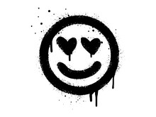 Smiling Face Emoticon Character. Spray Painted Graffiti Smile Face With Love In Black Over White. Isolated On White Background. Vector Illustration