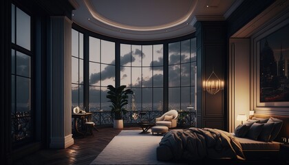 Luxury penthouse bedroom at night, ai generative