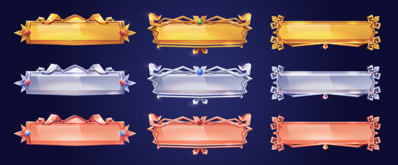 Poster - Medieval buttons, ui game menu elements, gold metal oblong banners and ornate rims. Empty royal gui bars for rpg or arcade, golden borders, web design interface Cartoon 3d vector illustration, set