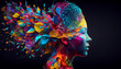 Concept art of a human brain exploding with knowledge and creativity. Colorful human head with art ink splash about ideas, innovation, and technology. generative ai