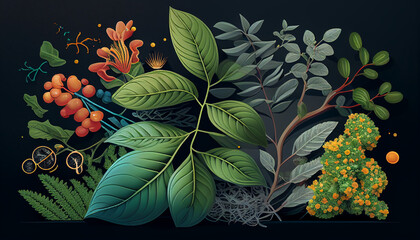 Wall Mural - Biology laboratory nature and science, plant and environmental study, DNA, gene therapy, and plants with biochemistry structures on white backgrounds. Generative AI