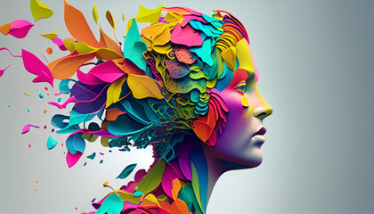 Concept art of a human brain exploding with knowledge and creativity. Colorful human head with art ink splash about ideas, innovation, and technology. generative ai