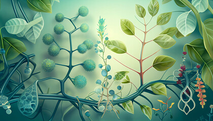 Wall Mural - Modern agricultural theme. Biology laboratory nature and science, plant and environmental study, DNA, gene therapy, and plants with biochemistry structures on white backgrounds. Generative AI