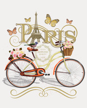 Travel Paris Poster With Eiffel Tower And Bicycle,Typography, T-shirt Design.