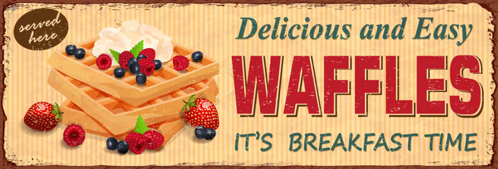 Wall Mural - Vintage Waffles with fruit fillings metal sign.Retro poster 1950s style.