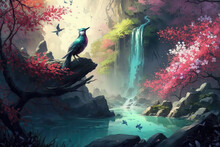 Illustration Painting Of Oriental Background, Digital Art. Illustration Of A Dawn Mountain Fantastic Landscape With Waterfalls And Blooming Sakura (ai Generated)