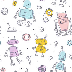 Wall Mural - Cute doodle robot pattern. Seamless vector naive robots print for baby textile and fabric.
