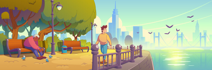 People in city park on sea beach embankment. Summer landscape of river quay with green trees, benches, walking person and old man feeding pigeons, vector illustration in contemporary style