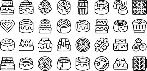 Poster - Cinnamon roll bun icons set outline vector. Food baked. Bakery danish