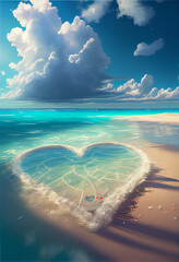 St. valentine's day romantic heart in the beach. romantic sunset sunlight. Romantic beach with a big heart. Heart shape in a beach, heart made of sand in a beach with a lovely  and romantic sunset