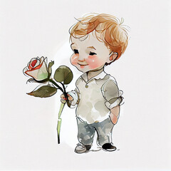 Wall Mural - Watercolor illustration of a boy holding a rose. Generative ai