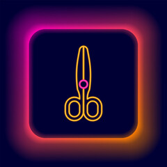 Sticker - Glowing neon line Scissors icon isolated on black background. Tailor symbol. Cutting tool sign. Colorful outline concept. Vector