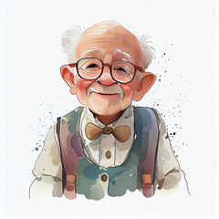 Wall Mural - Watercolor illustration of an elderly man smiling. Generative ai
