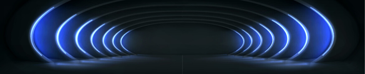 Poster - abstract tunnel with many arches glowing with neon blue light. realistic vector illustration of empt