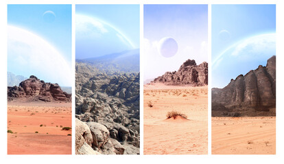 Wall Mural - set of vertical banners with fantastic landscapes with sand desert, rock and planets in sky. 3d rend