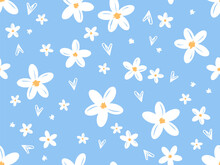 Seamless Pattern With White Flower And Hand Drawn Hearts On Blue Background Vector Illustration. Cute Floral Print.