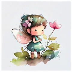 Wall Mural - Watercolor illustration of a cute fairy. Generative ai
