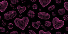 Geometry Wireframe Shapes And Grids In Neon Pink Color. 3D Hearts Seamless Pattern And Abstract Background. Cyberpunk Elements In Trendy Psychedelic Rave Style. 00s Y2k Retro Futuristic Aesthetic.