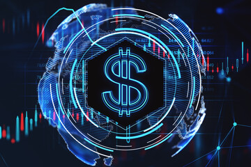 Aufkleber - Abstract glowing dollar hologram, forex chart and blurry round hud on dark background. Money, digital banking and finance concept. 3D Rendering.