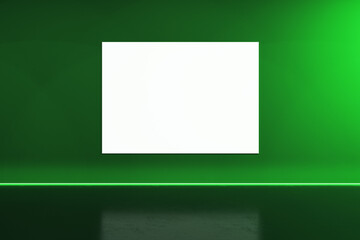 Aufkleber - Creative green stage interior with blank white mock up banner on wall. Performance and advertisement concept. 3D Rendering.