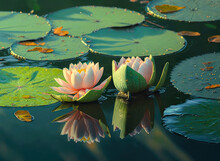 Lotus Leaves In Bloom On A Calm Lake - Generative AI