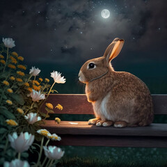 Poster - rabbit in the garden at night