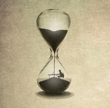 Illustration Of Person Working Inside Hourglass Symbolizing Approaching Deadline