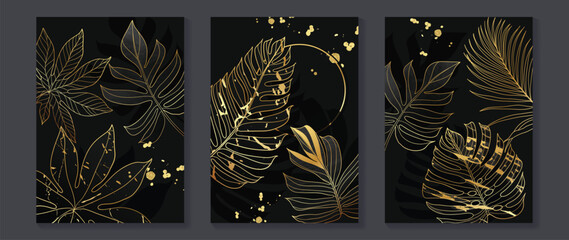 Luxury gold tropical leaves wall art vector set. Botanical exotic jungle palm foliage gold line art with glittering foil texture shine on black background. Design for home decoration, spa, cover.