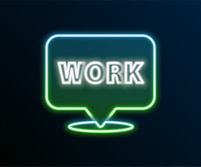 Poster - Glowing neon line Location with text work icon isolated on black background. Colorful outline concept. Vector