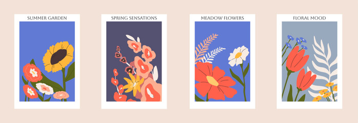 Wall Mural - floral cards set. interior posters with flowers. spring plants, wall arts with blooms. vertical bota