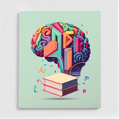 Illustration of brain of colors and geometric shapes, with two books underneath. Generative AI