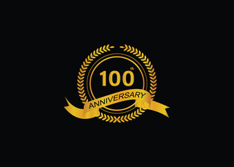 100th golden anniversary logo with ring and ribbon, laurel wreath vector design isolated on black background.