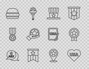 Sticker - Set line USA Independence day, Patriotic American top hat, flag, Burger, and Medal with star icon. Vector