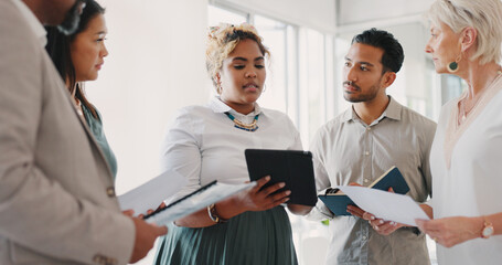 Poster - Business meeting, woman and leader with team for planning, thinking and project management in office. Leadership, business people and documents for proposal, startup and idea in meeting for vision