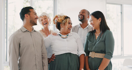 Canvas Print - Success, happy or funny business people in an office building laughing at a funny joke after a group meeting. Diversity, comic or employees with big smiles bonding after a successful business deal