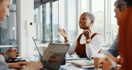 Leinwandbilder - Meeting, discussion and professional black woman talking to her colleagues in the office conference room. Teamwork, presentation and African female employee in conversation with her team for project.