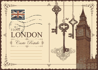 Retro postcard with Big Ben in London, United Kingdom. Vector postcard in vintage style with old keys, words I love London and a place for text on beige background with postage stamp and postmark