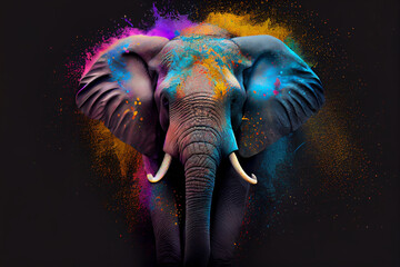 illustration of elephant in holi dust powder on black background