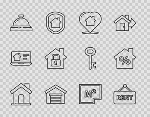 Sticker - Set line House, Hanging sign with Rent, heart shape, Garage, Hotel service bell, under protection, plan and percant discount icon. Vector