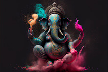 Illustration Of Ganesha In Holi Dust Splash On Black Background