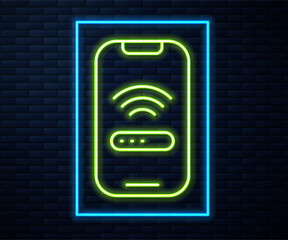 Canvas Print - Glowing neon line Smartphone with free wi-fi wireless connection icon isolated on brick wall background. Wireless technology, wi-fi connection, wireless network. Vector