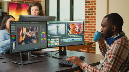 Poster - Digital footage editor working on video production at multi monitor workstation, creating professional content. Video editing artist using cinematography software to edit film or movie montage.