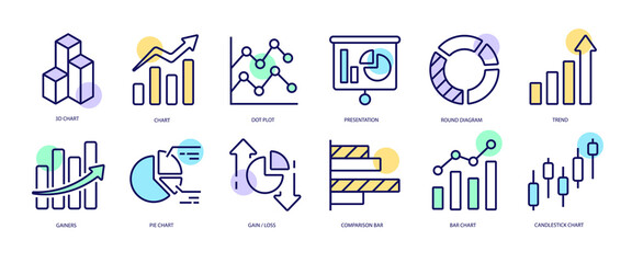 Poster - Set of linear icons with Diagram concept in purple, yellow on blue colors. Icons in the form of various diagrams.