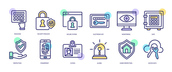 Set of linear icons with Security concept in purple, yellow on blue colors. Means of protection of territories, houses and people.