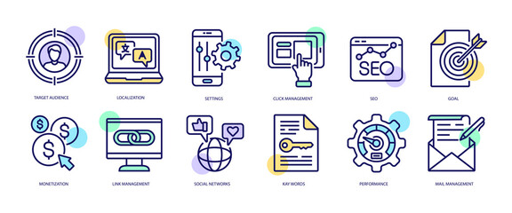 Set of linear icons with SEO concept in purple, yellow on blue colors. Icons depict the functional purpose of the SEO industry.